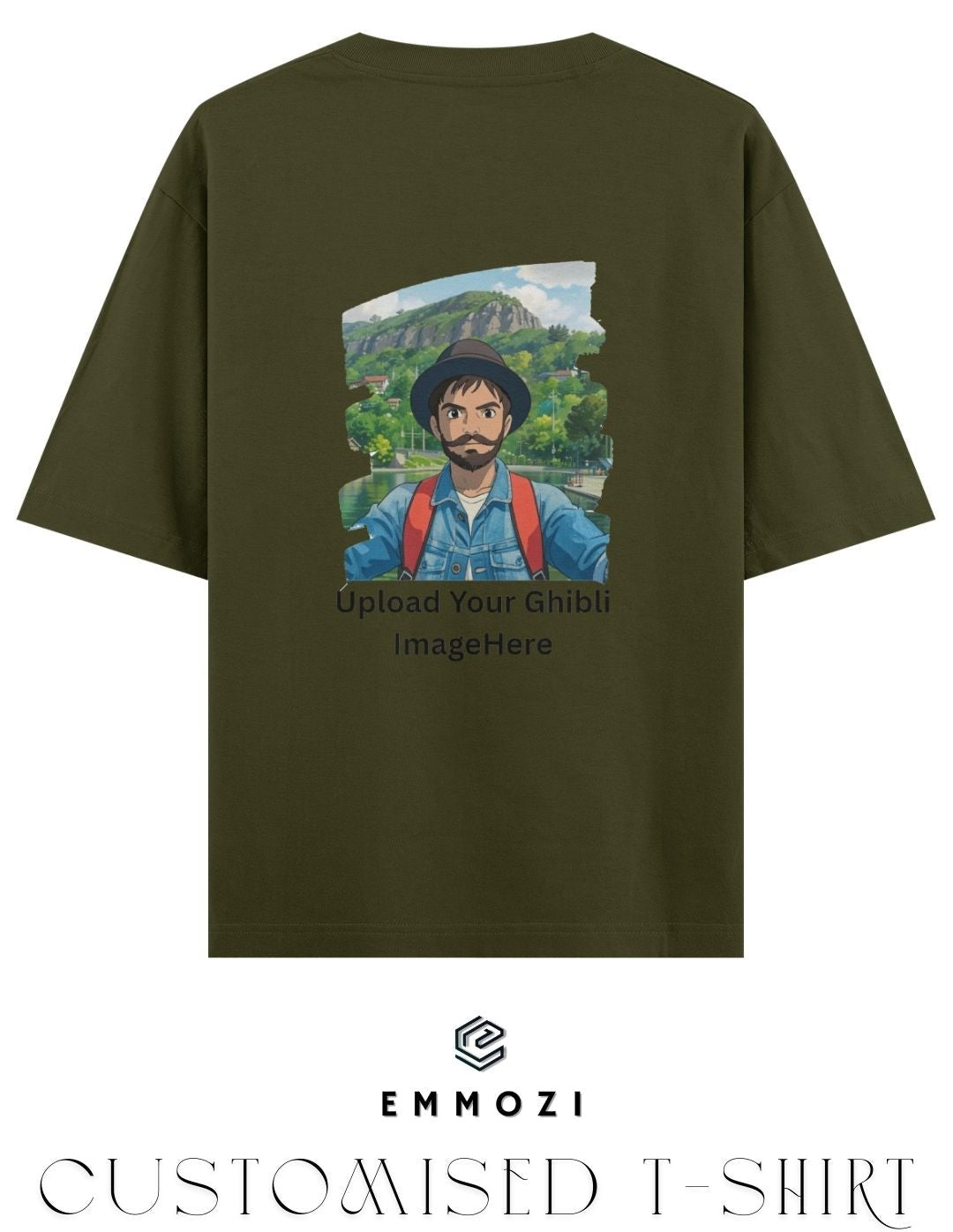 Customised Ghibli Image Print on Oversized Tees - Olive
