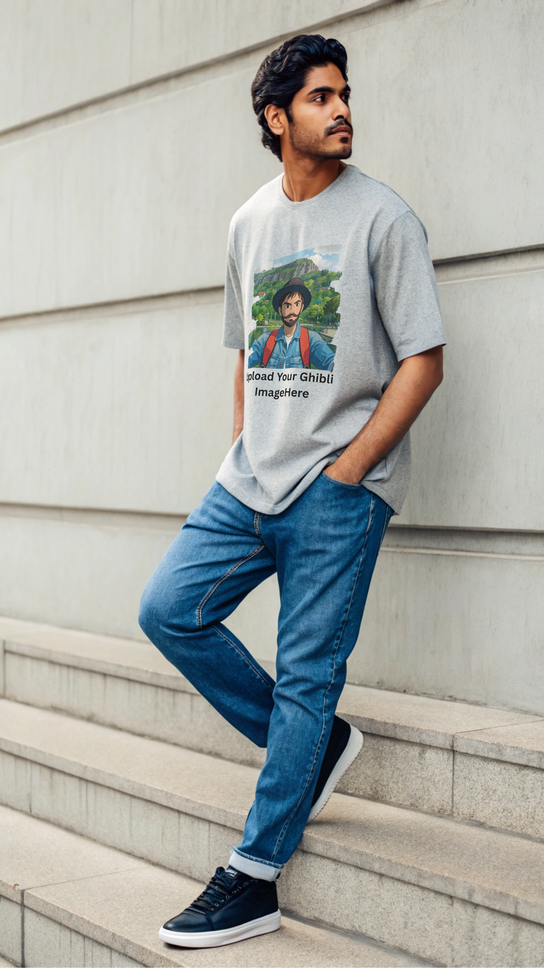 Customised Ghibli Image Print on Oversized Tees - Grey