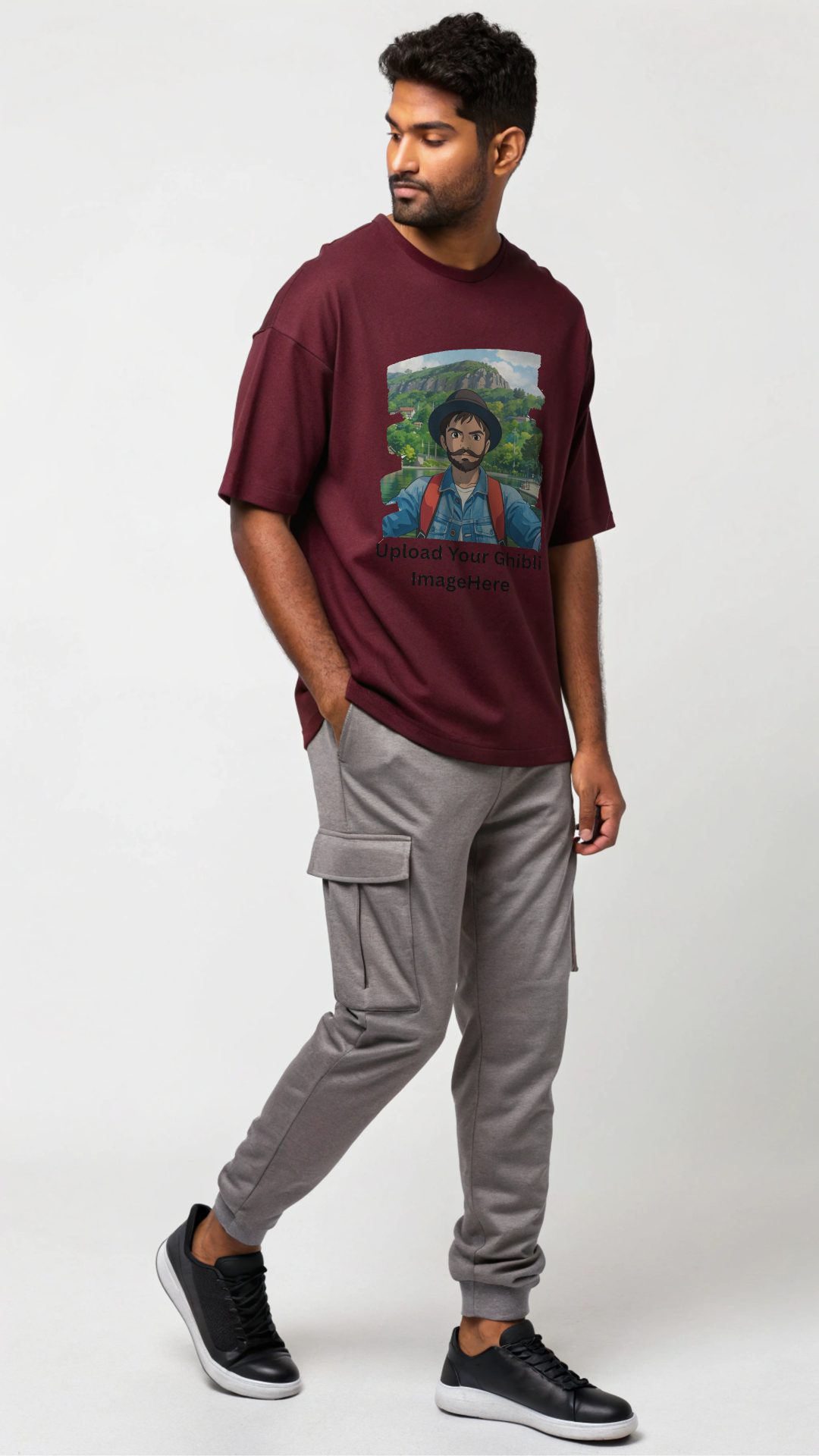 Customised Ghibli Image Print on Oversized Tees - Maroon