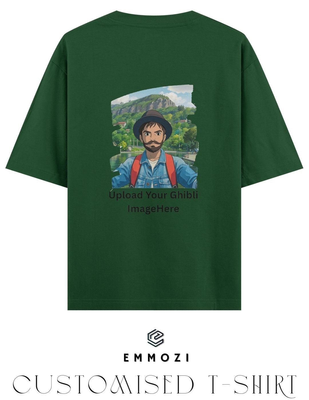 Customised Ghibli Image Print on Oversized Tees - Bottle Green