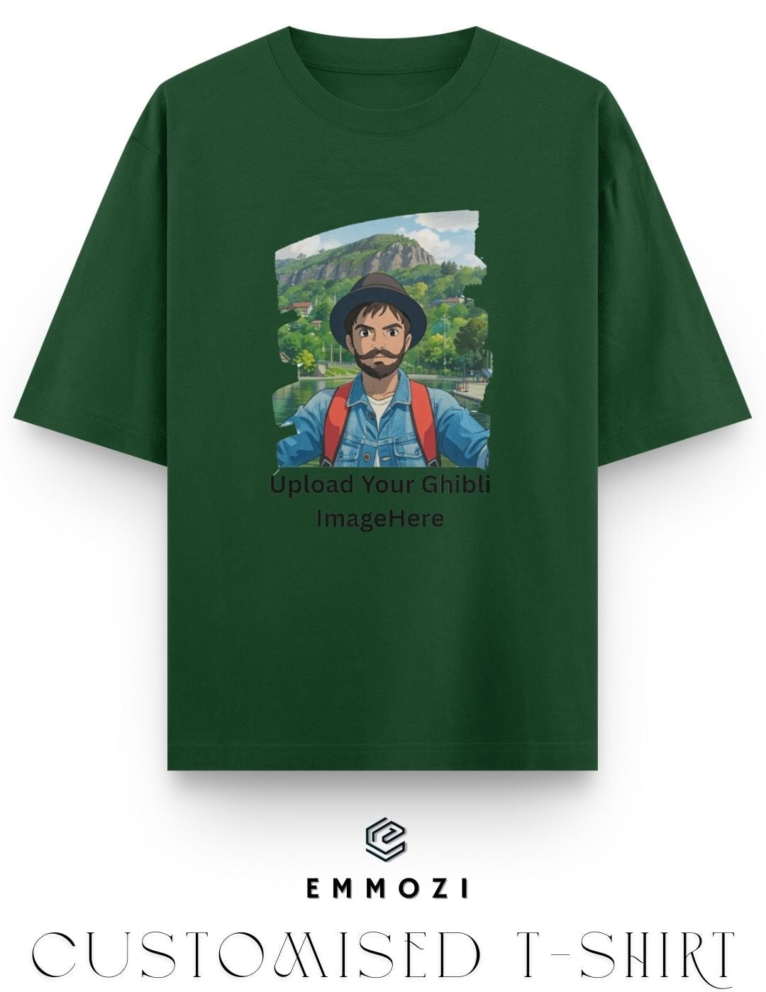 Customised Ghibli Image Print on Oversized Tees - Bottle Green