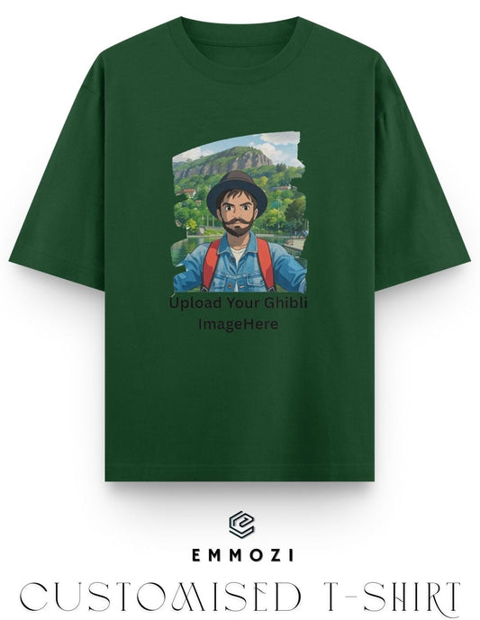 Customised Ghibli Image Print on Oversized Tees - Bottle Green