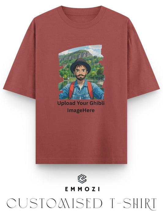 Customised Ghibli Image Print on Oversized Tees - Coral