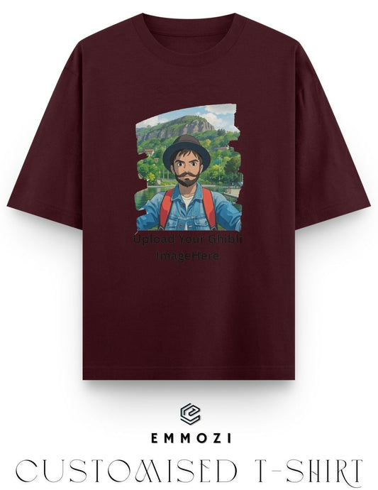 Customised Ghibli Image Print on Oversized Tees - Maroon