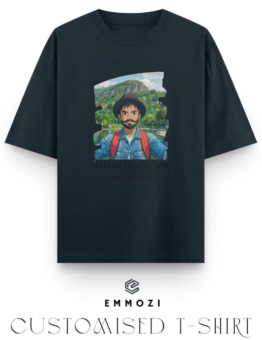 Customised Ghibli Image Print on Oversized Tees - Navy Blue