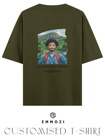 Customised Ghibli Image Print on Oversized Tees - Olive