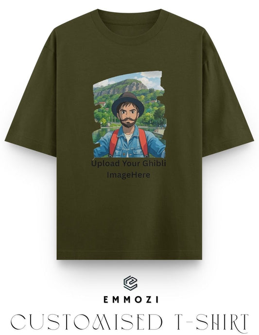 Customised Ghibli Image Print on Oversized Tees - Olive