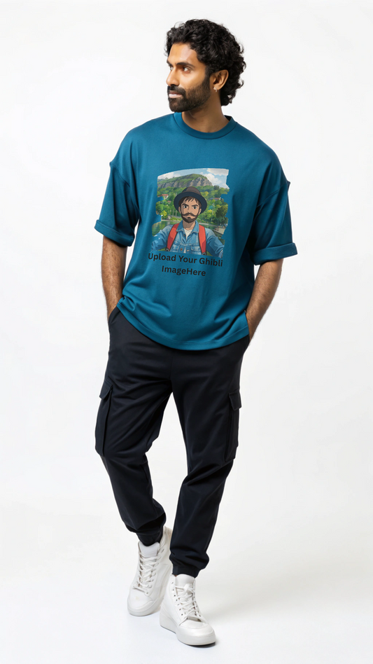 Customised Ghibli Image Print on Oversized Tees - Petrol Blue