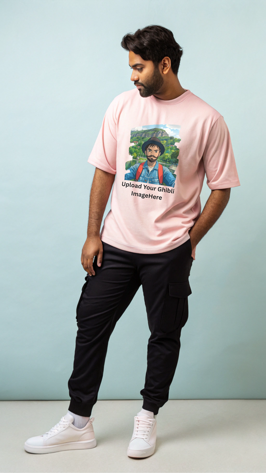 Customised Ghibli Image Print on Oversized Tees - Baby Pink