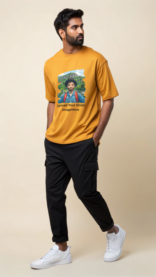 Customised Ghibli Image Print on Oversized Tees - Mustard Yellow