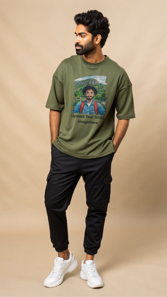 Customised Ghibli Image Print on Oversized Tees - Olive