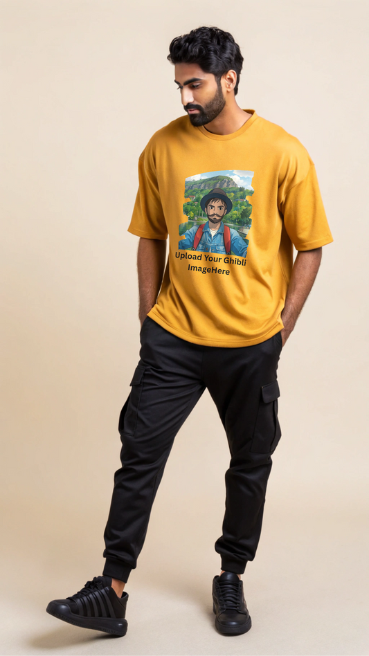 Customised Ghibli Image Print on Oversized Tees - Golden Yellow