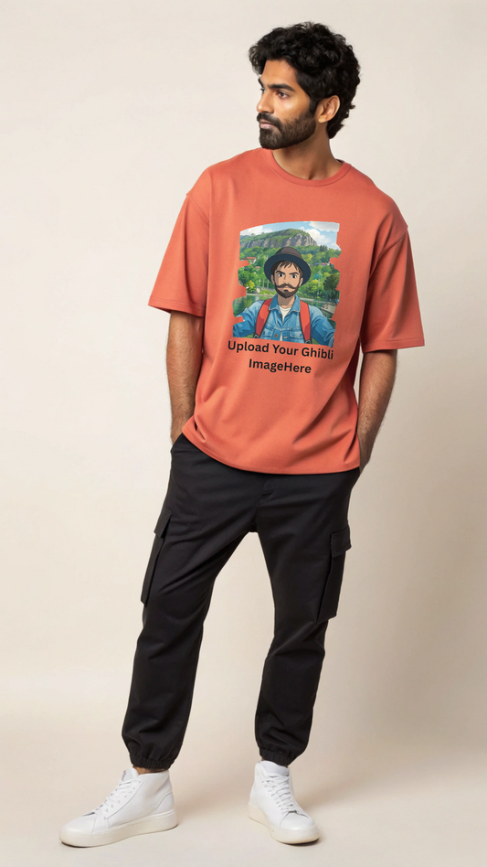 Customised Ghibli Image Print on Oversized Tees - Coral