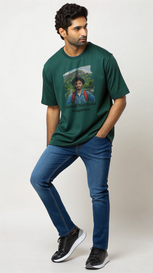 Customised Ghibli Image Print on Oversized Tees - Bottle Green
