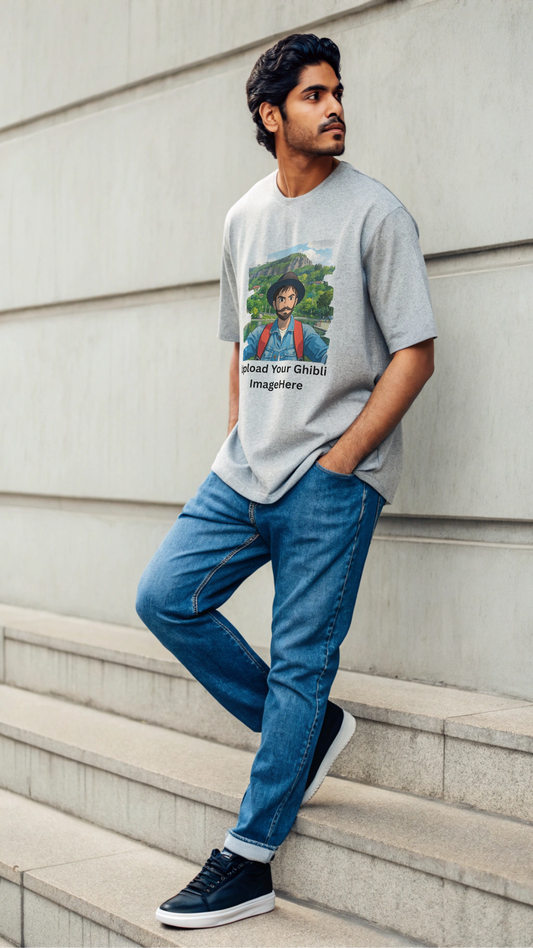 Customised Ghibli Image Print on Oversized Tees - Grey