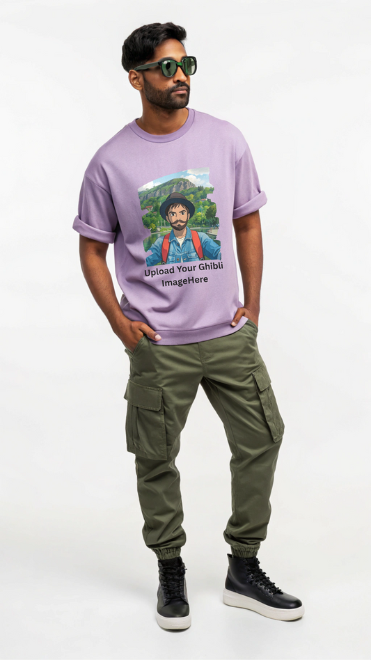 Customised Ghibli Image Print on Oversized Tees - Lavender