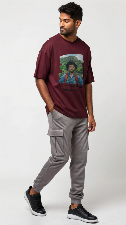 Customised Ghibli Image Print on Oversized Tees - Maroon