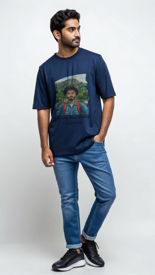 Customised Ghibli Image Print on Oversized Tees - Navy Blue